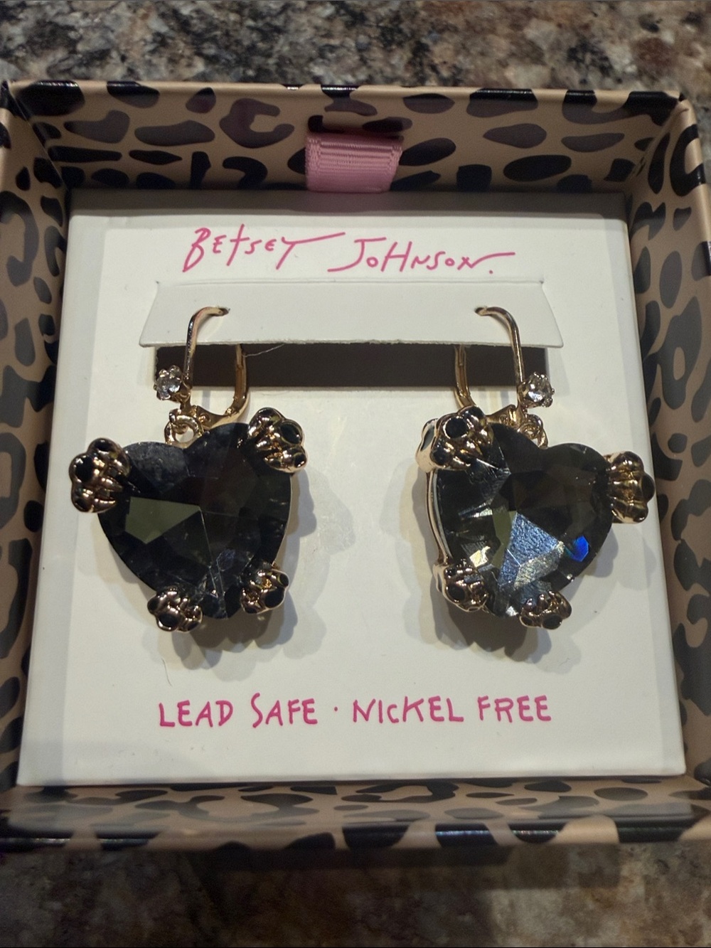 Betsey Johnson Gold-Tone Black Heart Crystal Dangle Earrings